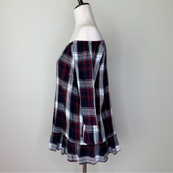 For the Republic Plaid Off Shoulder Bell Sleeves Peplum Top - Picture 5 of 11